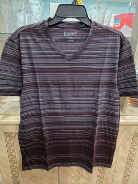 Alfani Men's Maroon Striped V-Neck Shirt